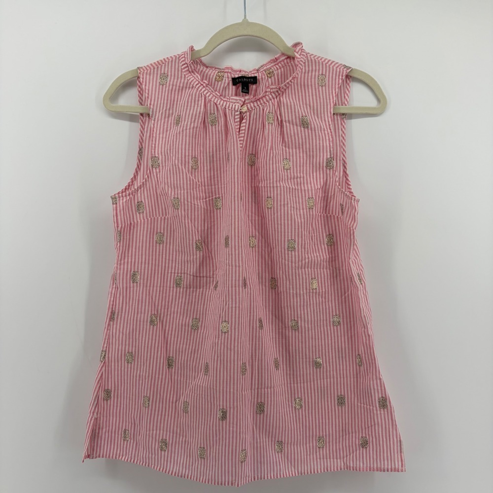 Talbots Womens S Pink Striped Sleeveless Blouse Metallic Floral Ruffle Neck Top‎